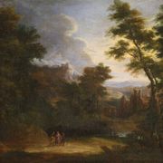 Flemish painting landscape with figures from the 17th century, the apparition of Jesus