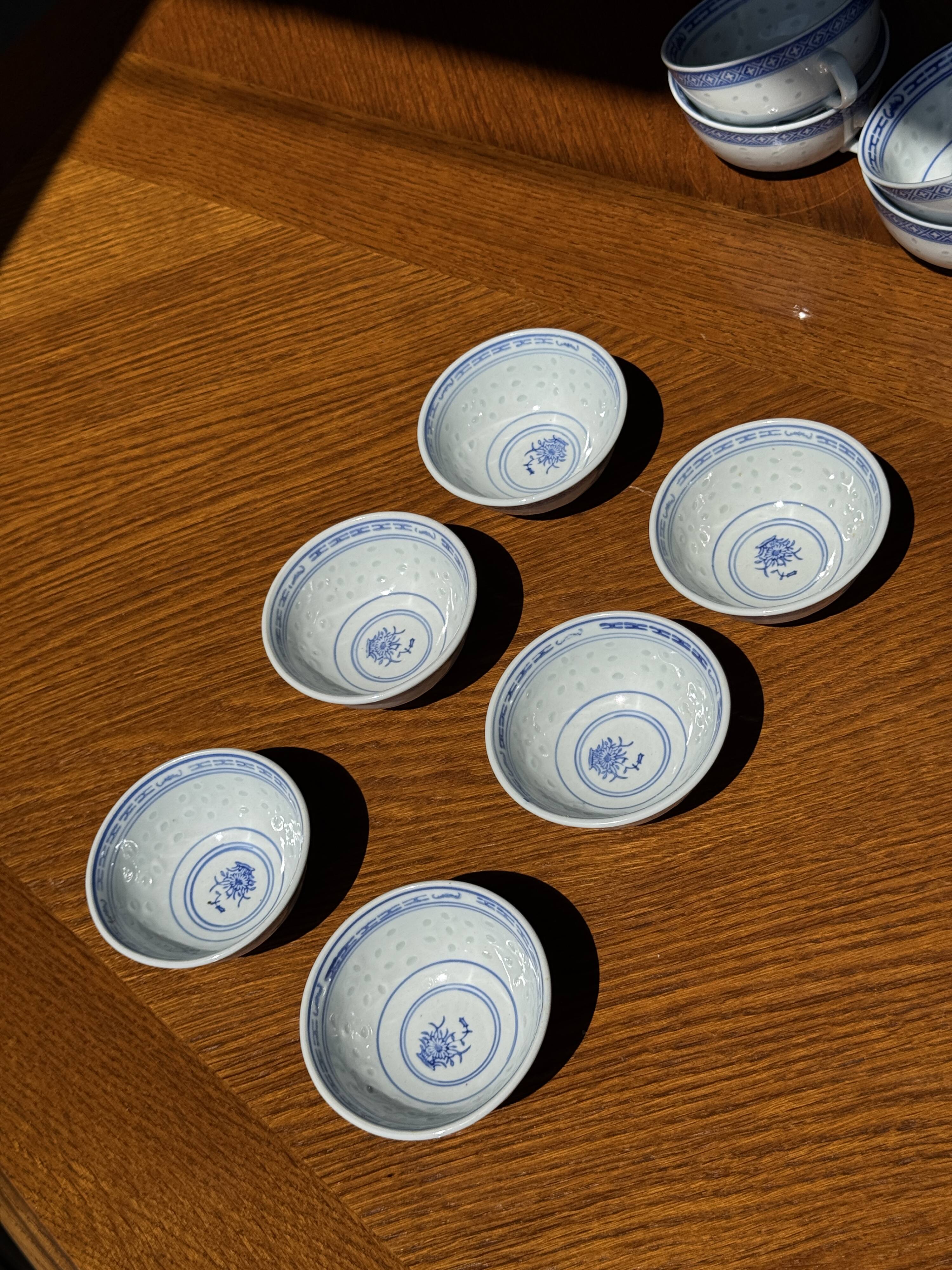 Small Chinese blue and white tea set for 6 cups and saucers.