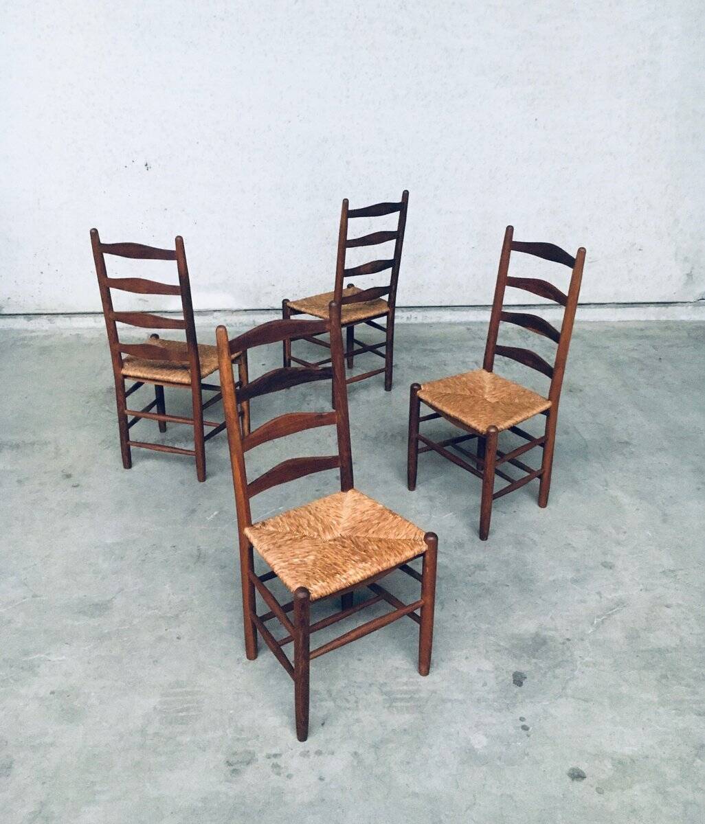 Rustic Handcrafted Oak and Rush High Back Dining Chairs, Belgium, 1940s, Set of 4