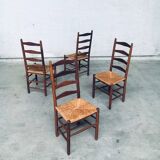 Rustic Handcrafted Oak and Rush High Back Dining Chairs, Belgium, 1940s, Set of 4