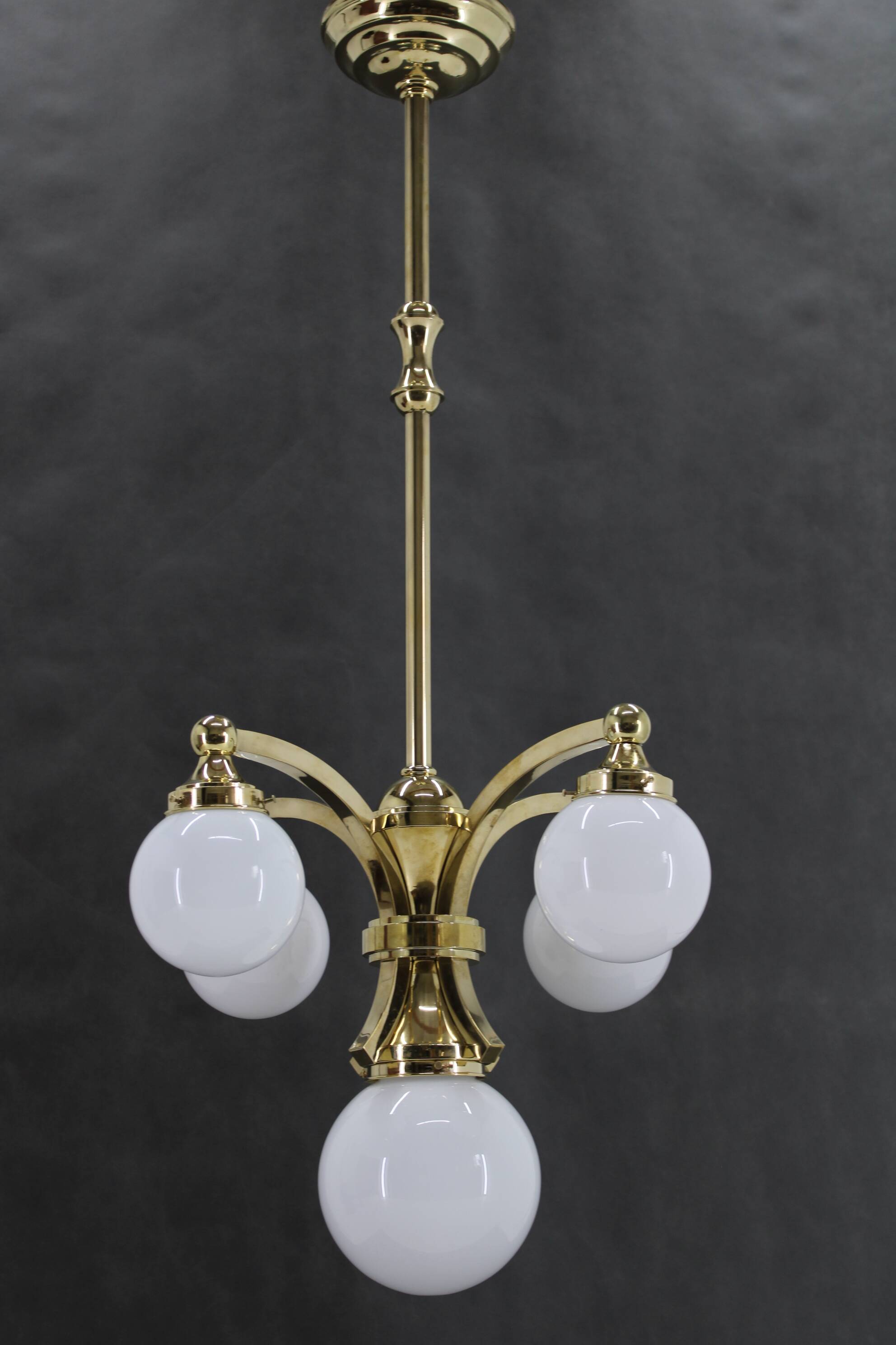 1930s Restored Brass Chandelier, Czechoslovakia