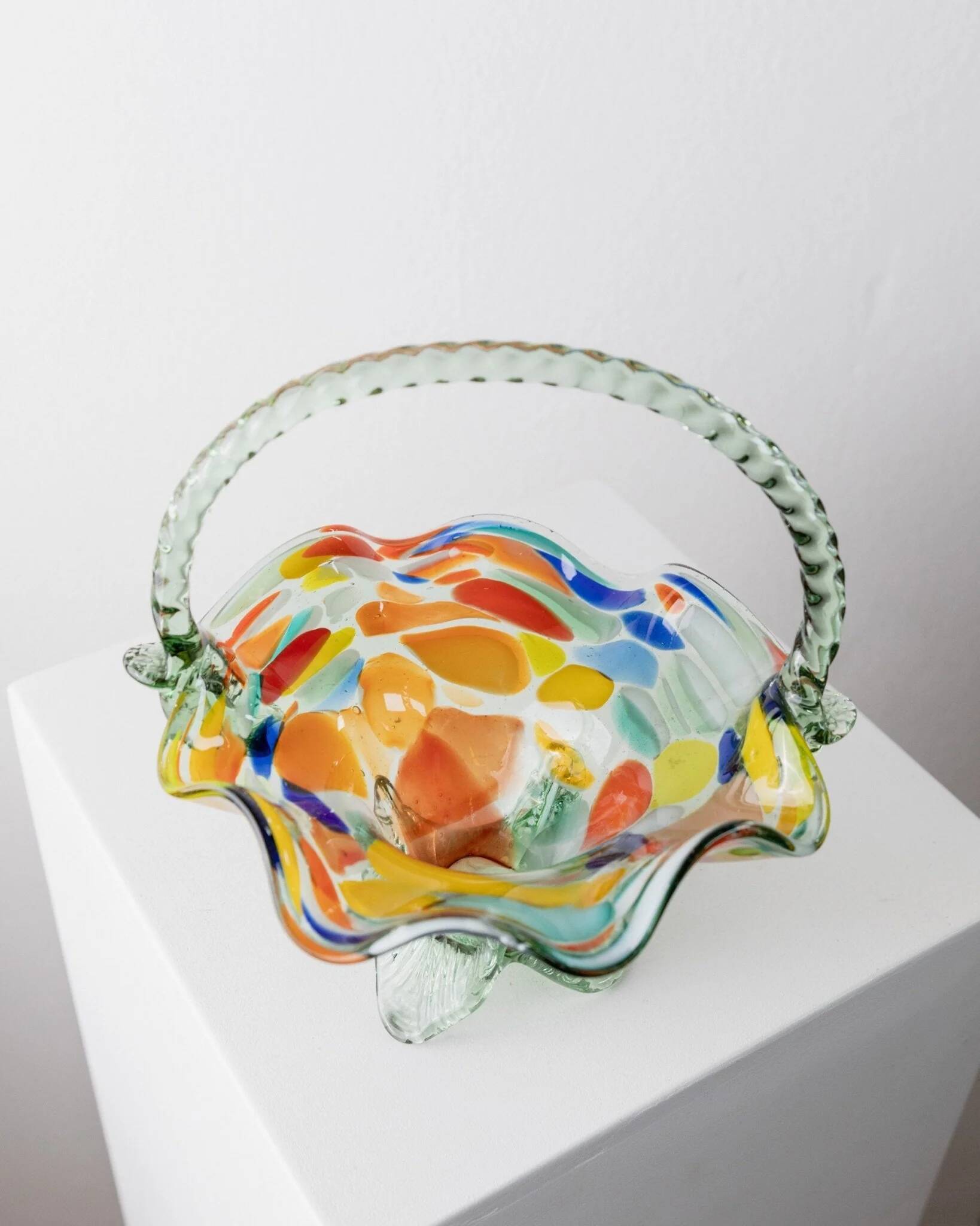 Multicolor Murano Glass Handle Bowl with Polka Dots, Ruffled Rim – 1970s Italian Mid-Century