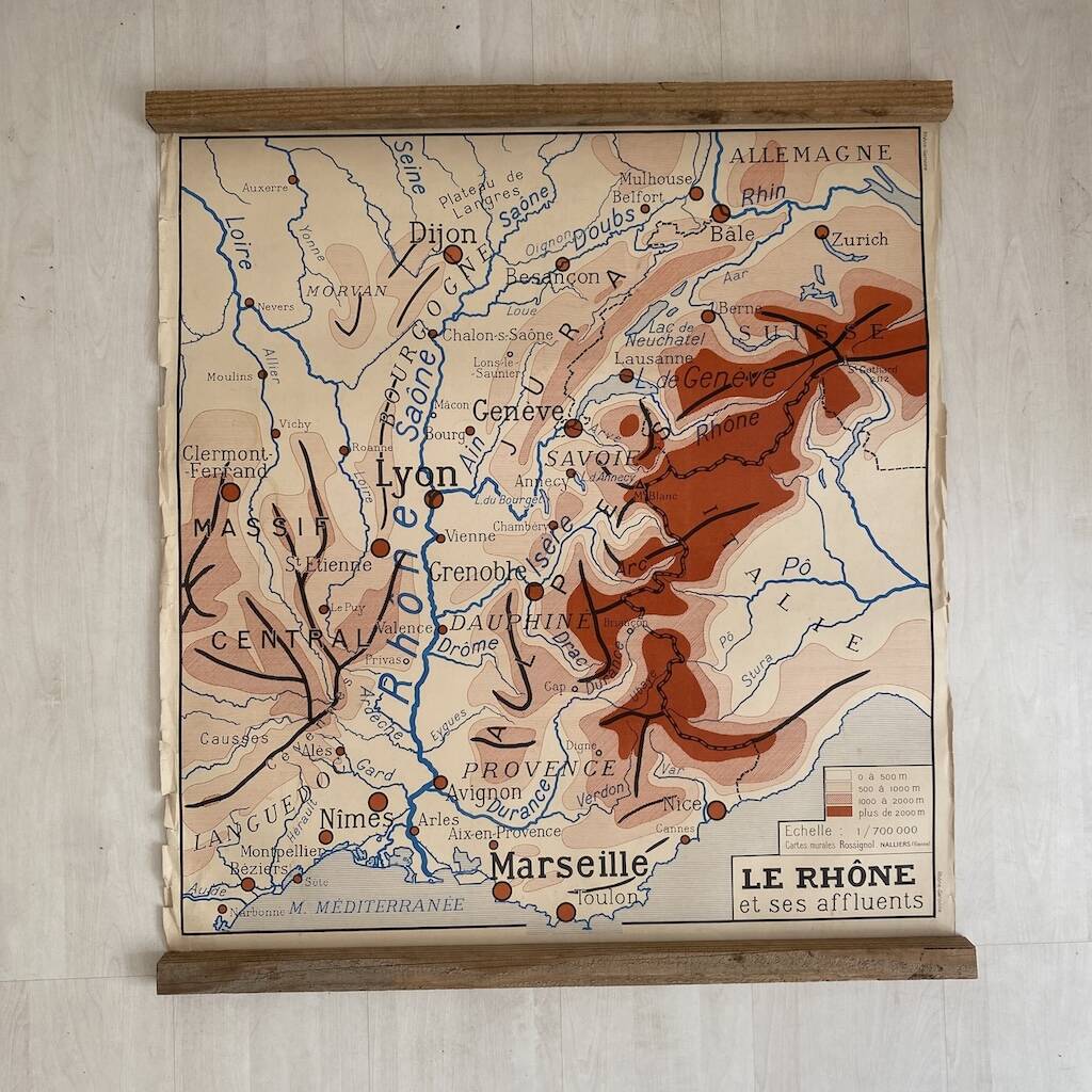 Vintage school map 1950 double-sided "The Garonne / the Rhône"