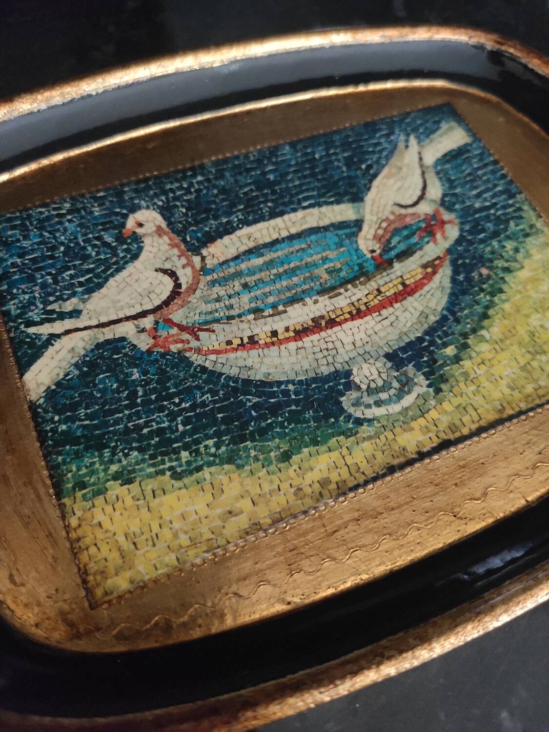 Golden wood tray with mosaic painting