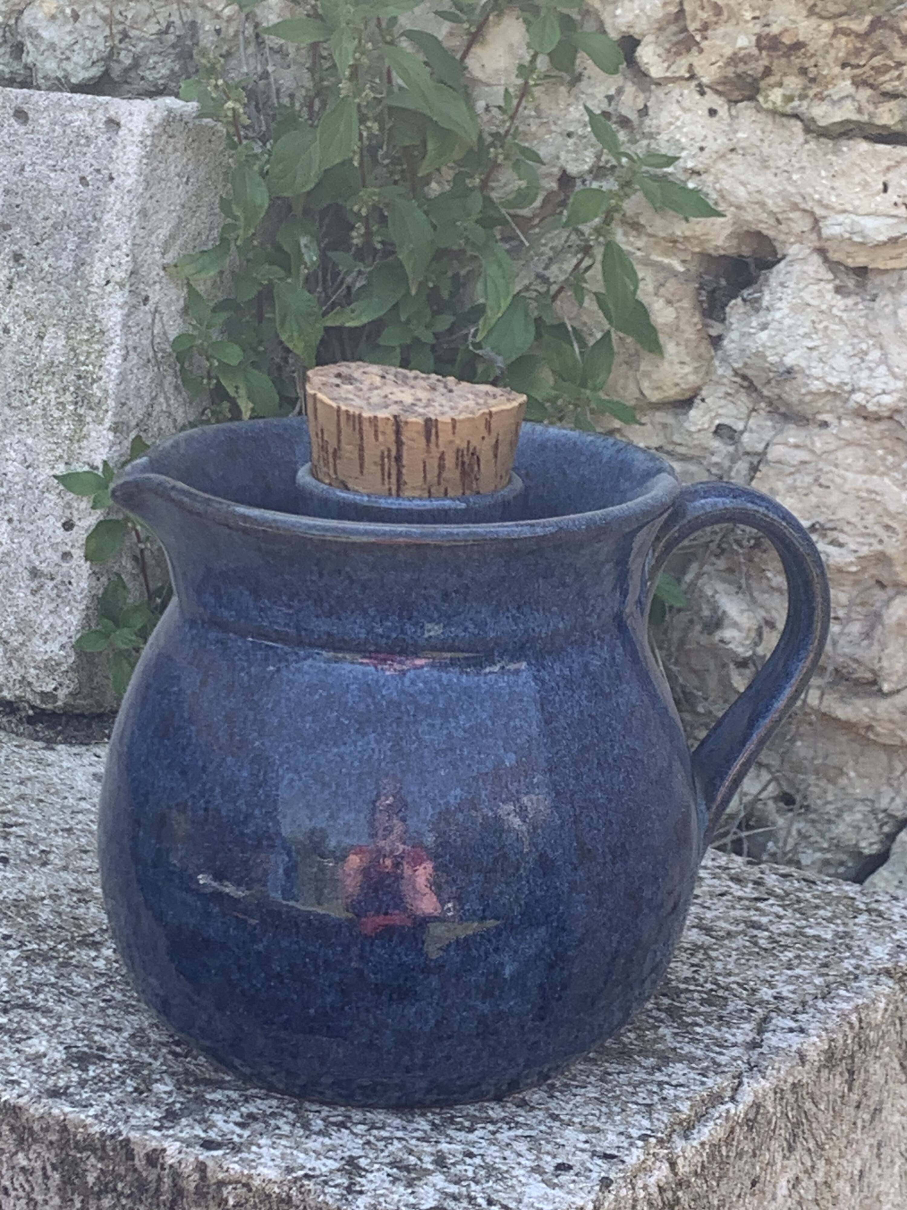 Pitcher, carafe, refreshing jug, ice cube jug, in blue glazed stoneware