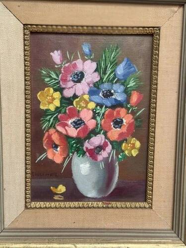 Oil on Canvas Laid on Panel “ Vase” by Sascher, Vintage & Framed 22×27cm