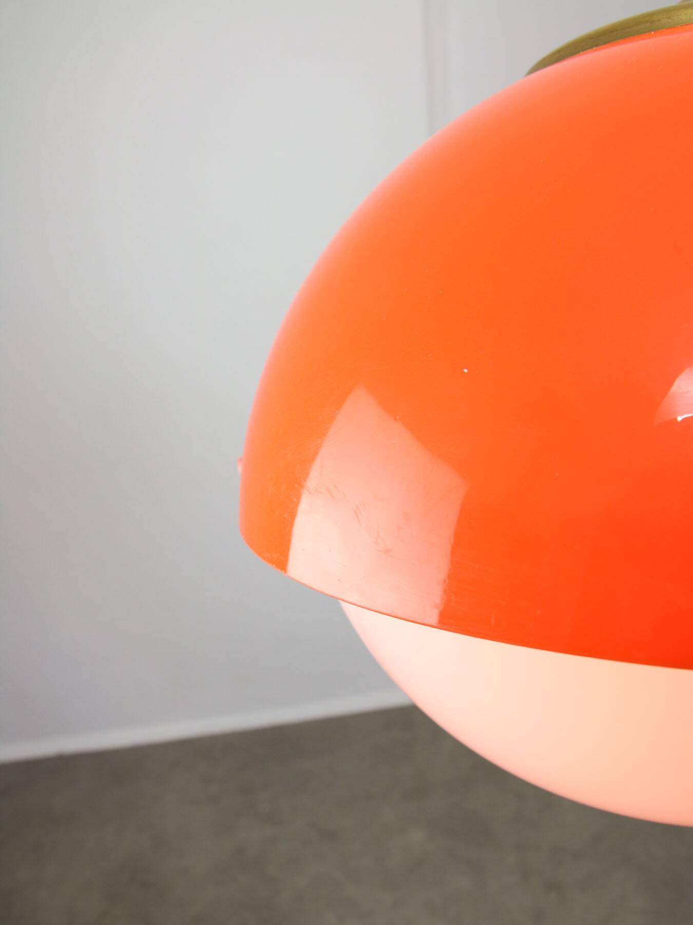 Italian Space Age Orange Plexiglass and Brass Pendant Lamp, 1970s