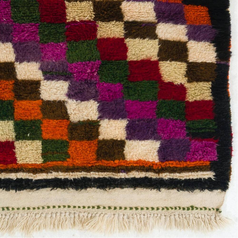 Colorful Vintage Hand-Knotted Turkish Tulu Rug with Checkered Design. 100% Wool
