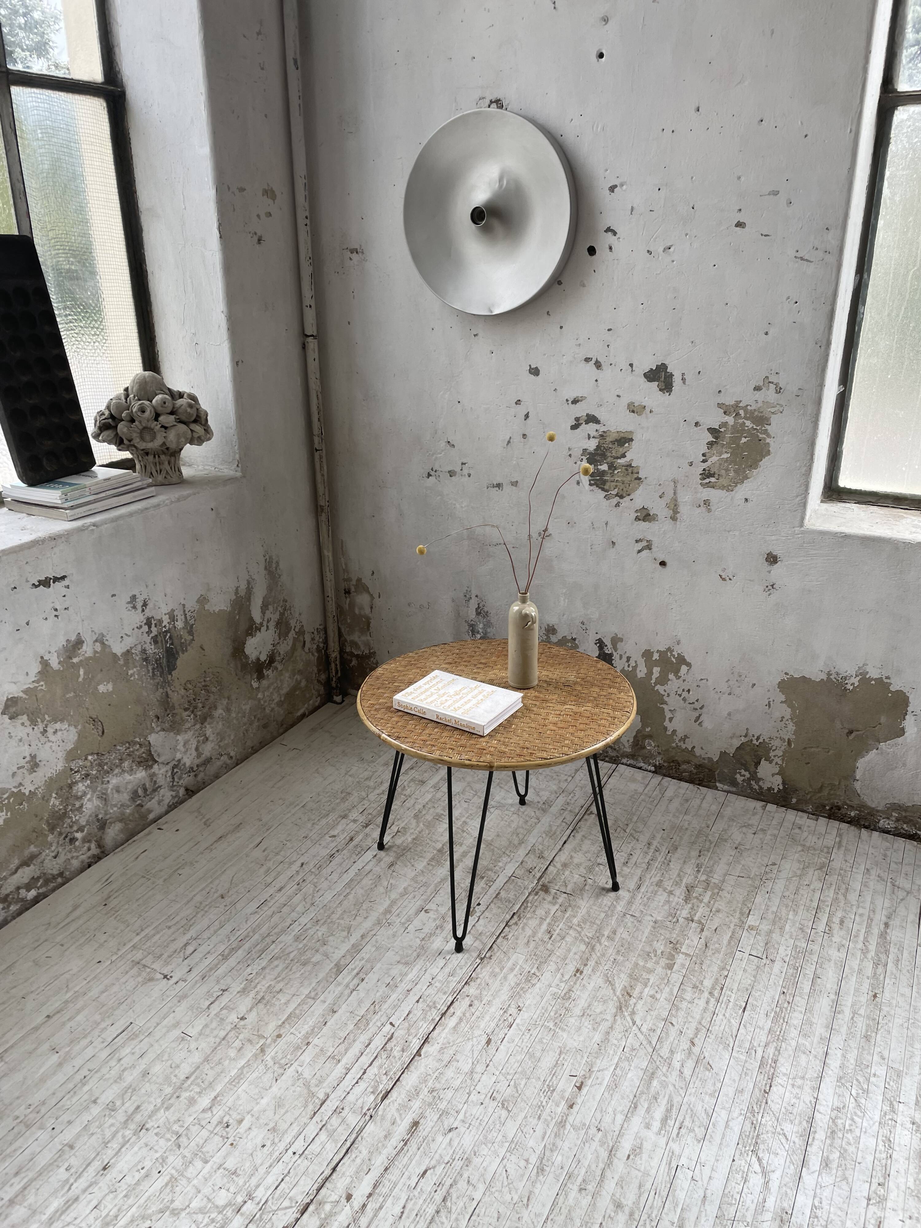 Wicker and metal coffee table from the 1950s