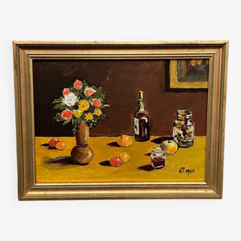 Oil on panel still life by G. Toqué 1985 bouquet of flowers