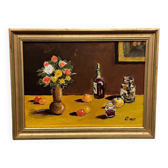 Huile sur panneau nature morte par G. Toqué 1985 bouquet de fleurs