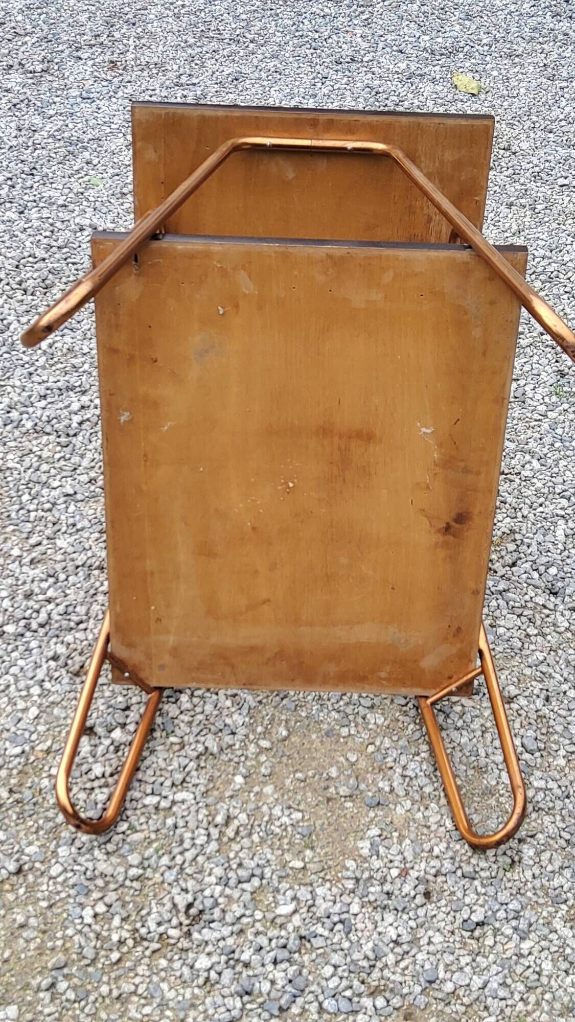Vintage double wooden side table with copper base from the 50s