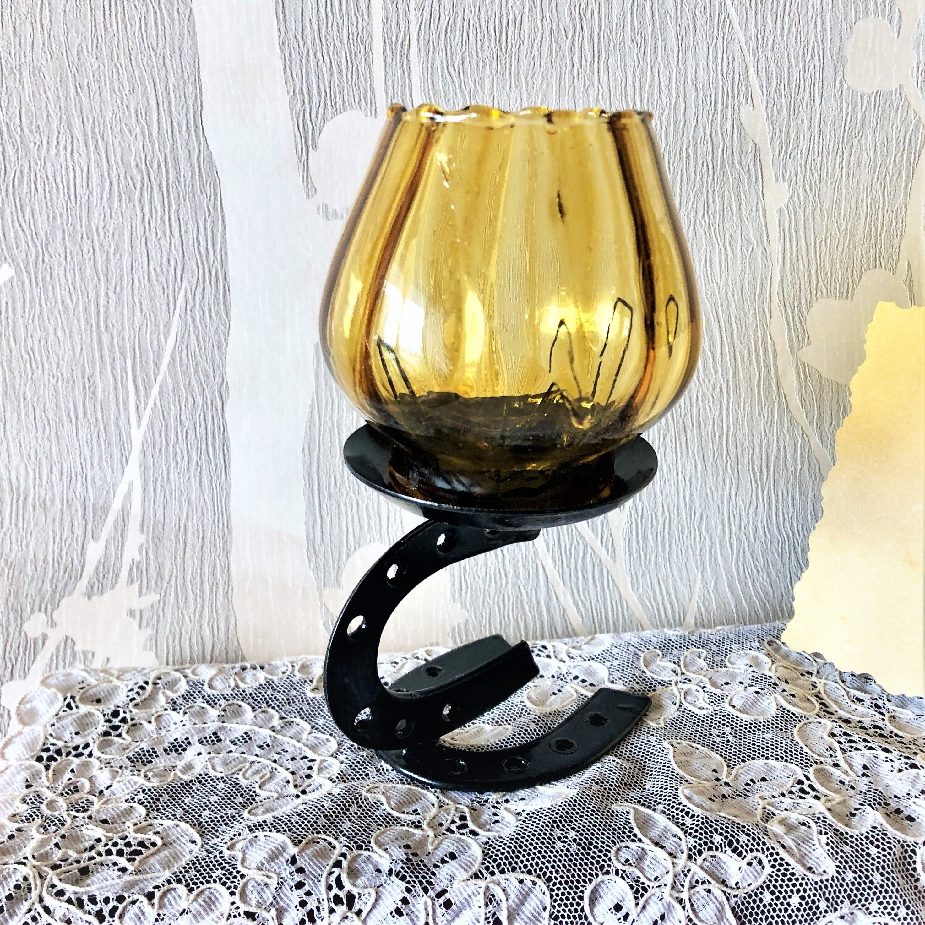 Candle holder photophore iron and amber glass vintage