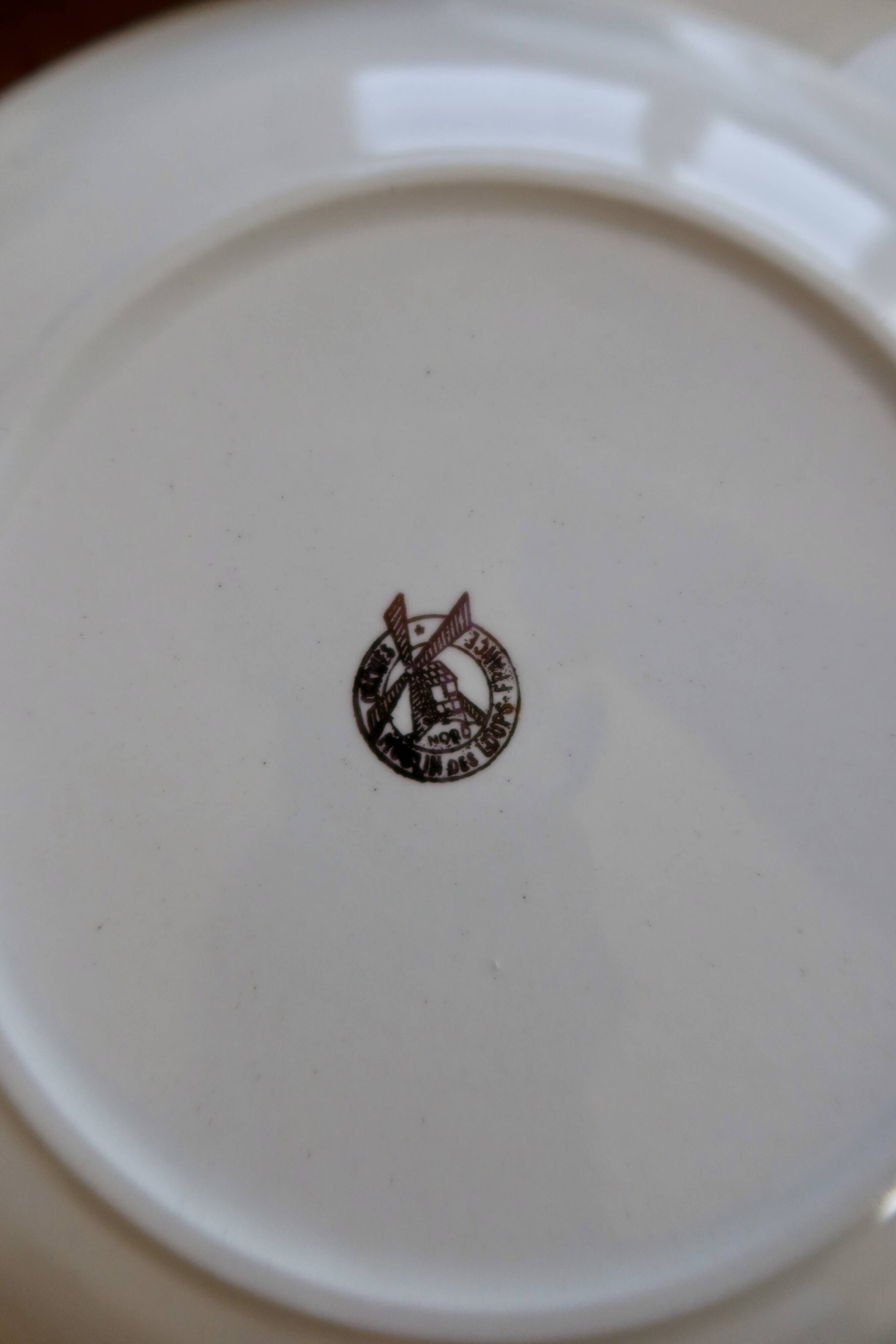 6 vintage porcelain dessert plates Moulins des Loups rose pattern