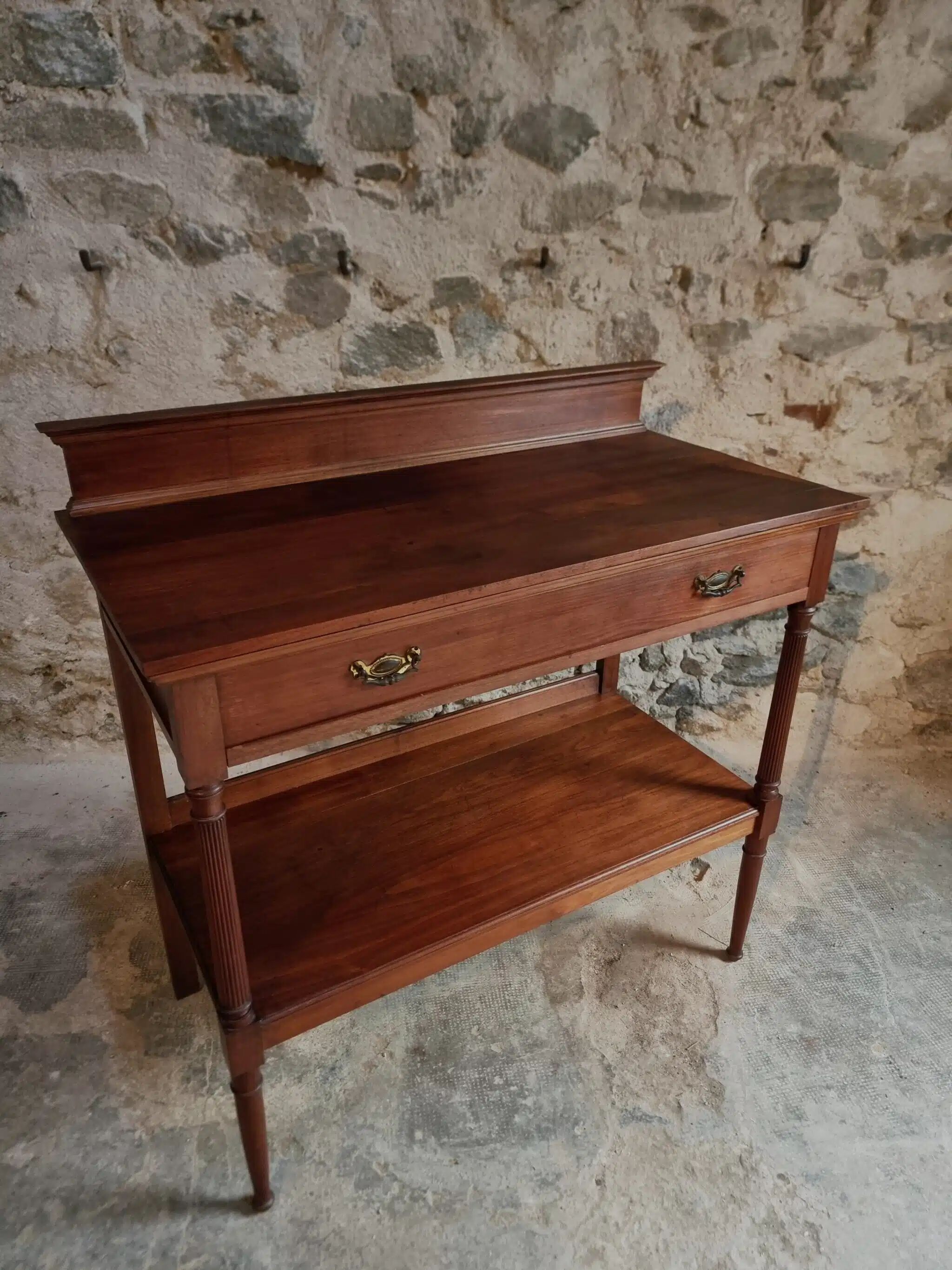 Antique mahogany console with drawer and shelf, French serving table, circa 1900.