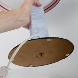 Lampe de table en verre de Murano bleu avec base en métal chrome foncé et abat-jour à rayures de mûre – style Memphis des années 1980, Italie