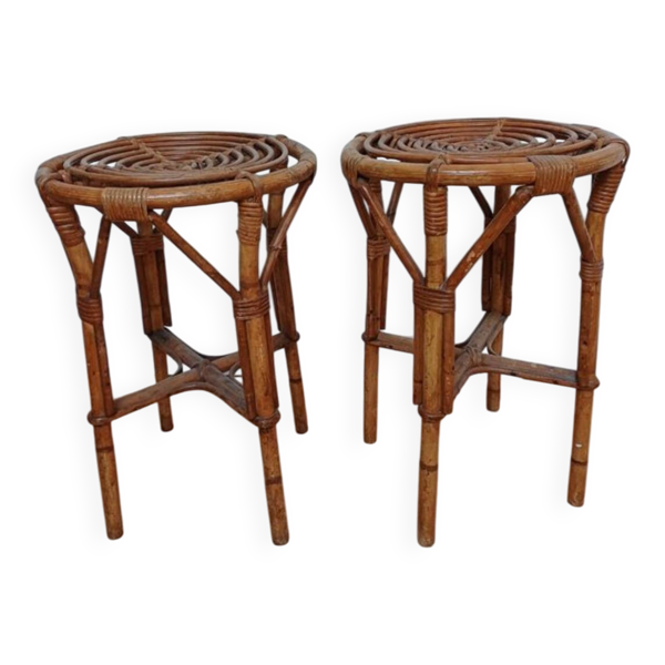Paire de tabouret en osier années 60 style bohème