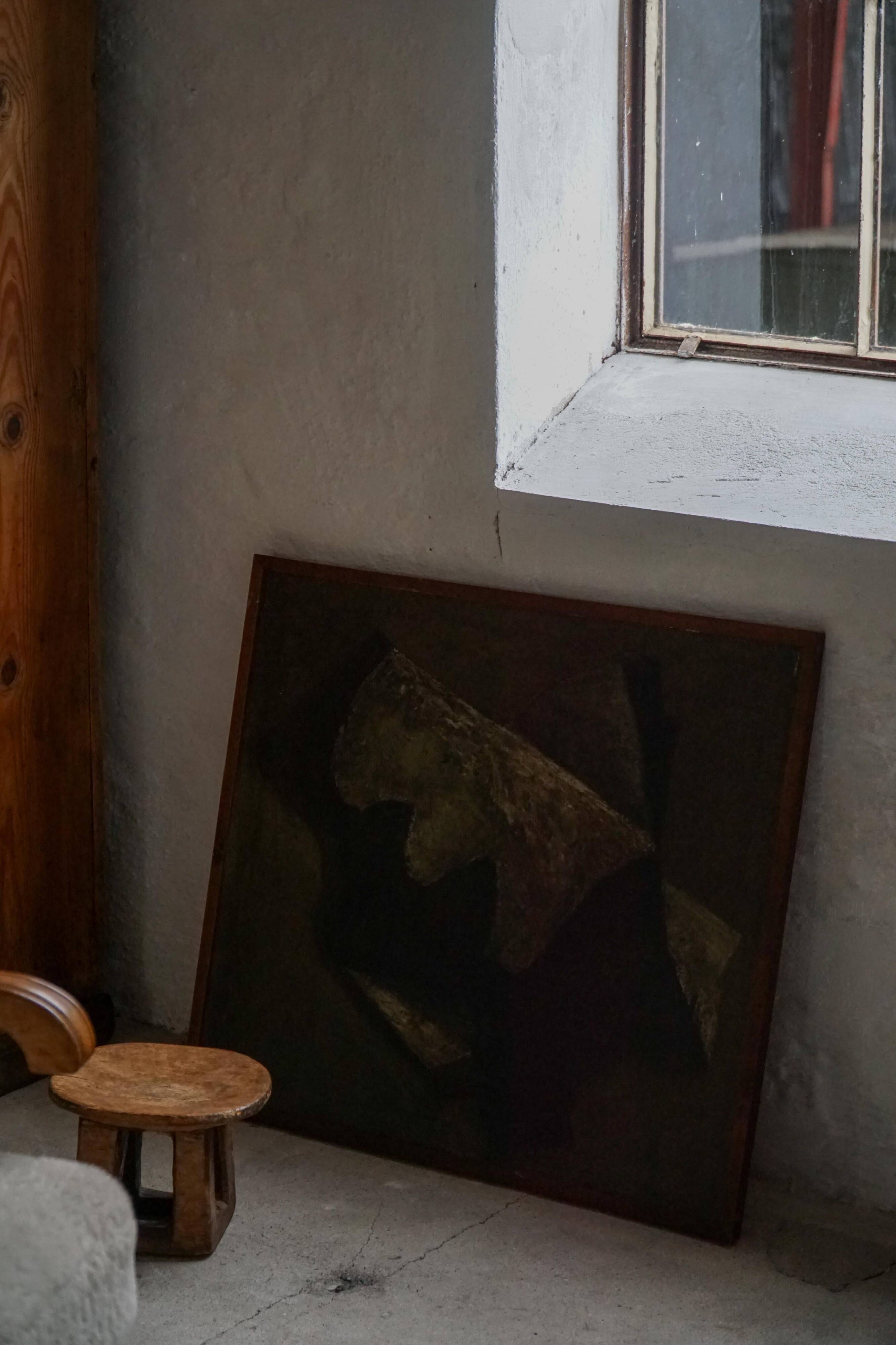 Mid-century pastel oil abstract painting, Danish artist, patinated wooden frame.