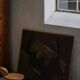 Peinture abstraite pastel à l'huile du milieu du siècle, artiste danois, cadre en bois patiné