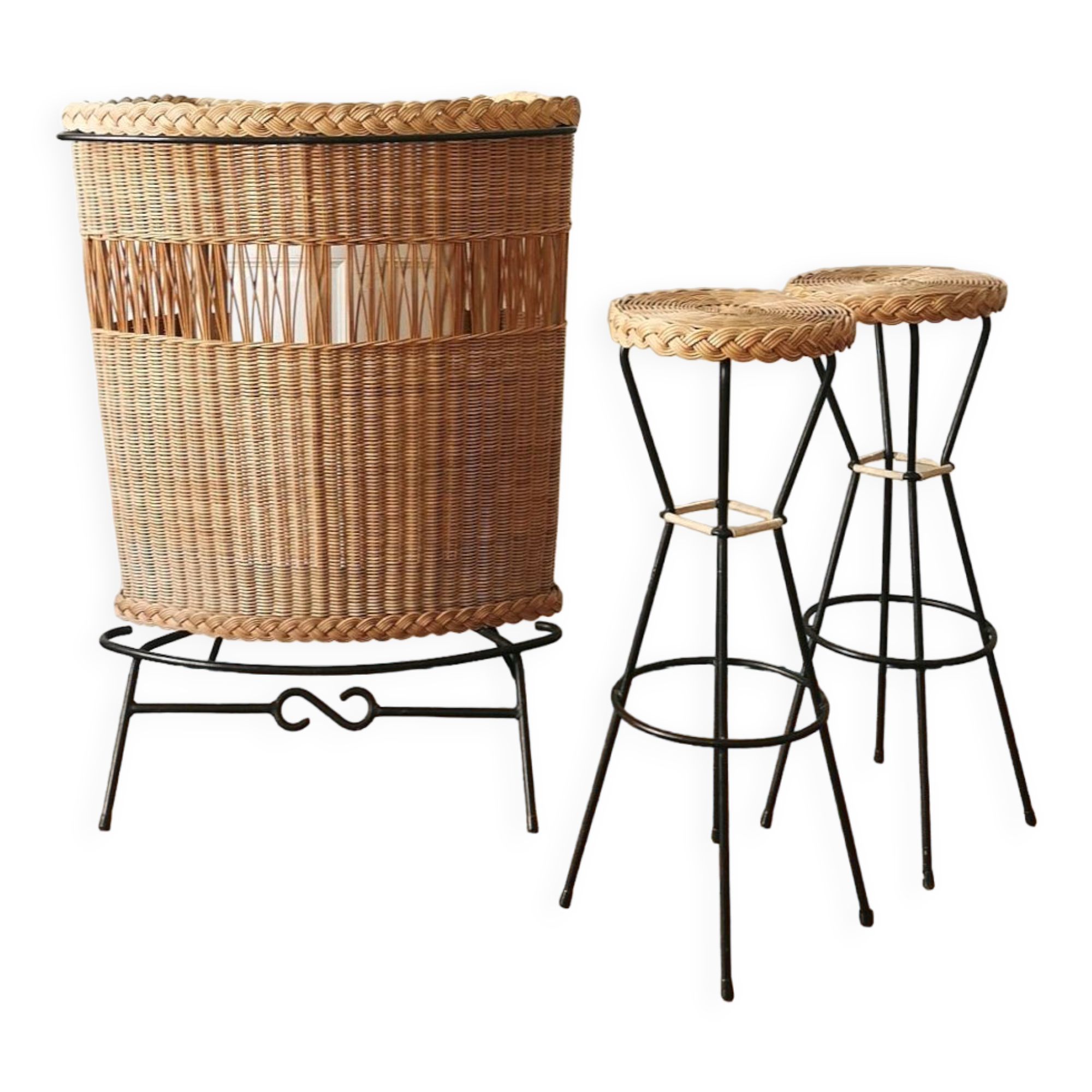 Bar and its 2 rattan stools, 1950