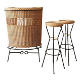 Bar and its 2 rattan stools, 1950