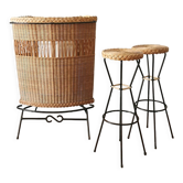 Bar and its 2 rattan stools, 1950