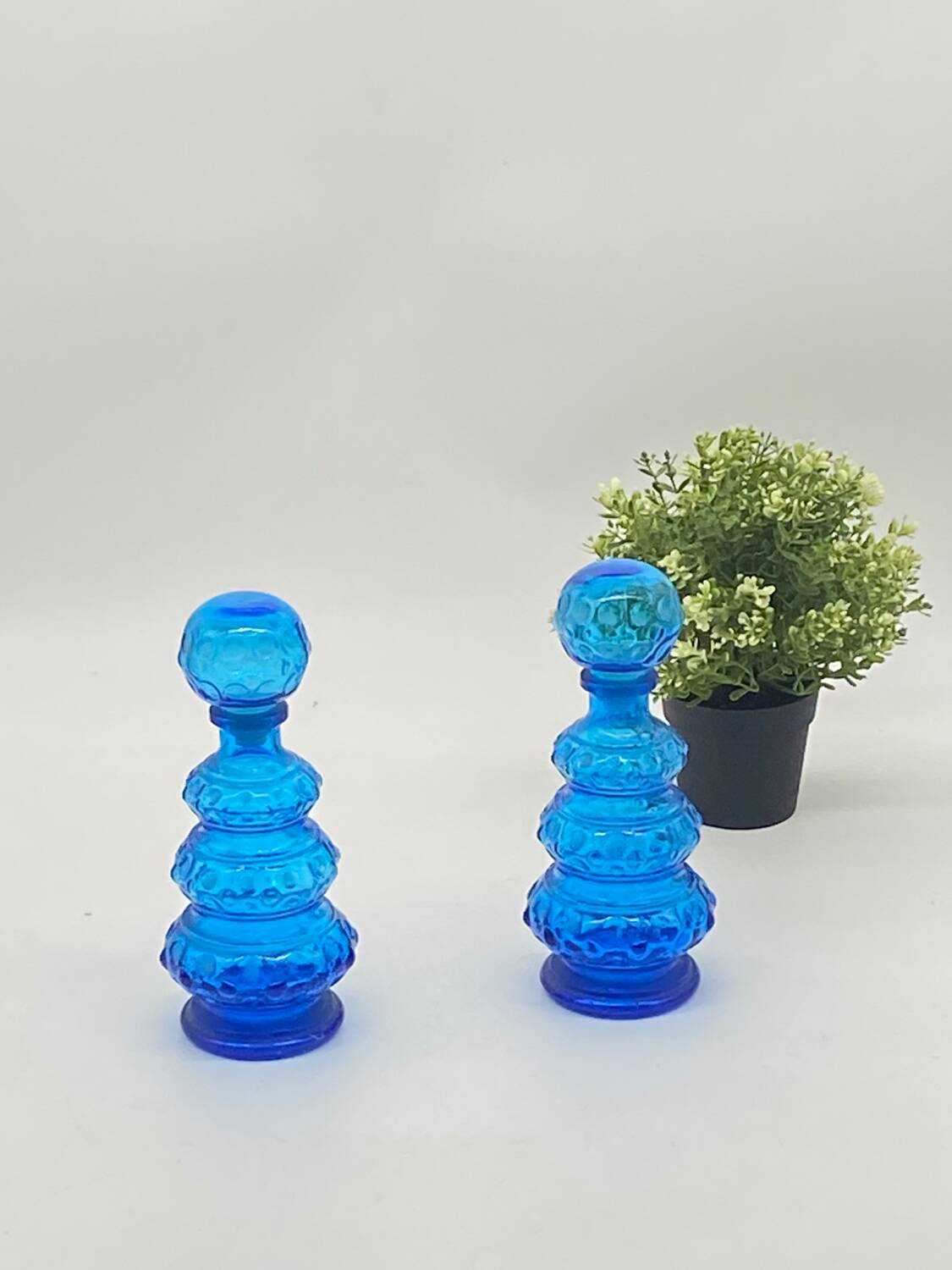 Duo of vintage blue glass bottles / carafe, Empoli, Italy