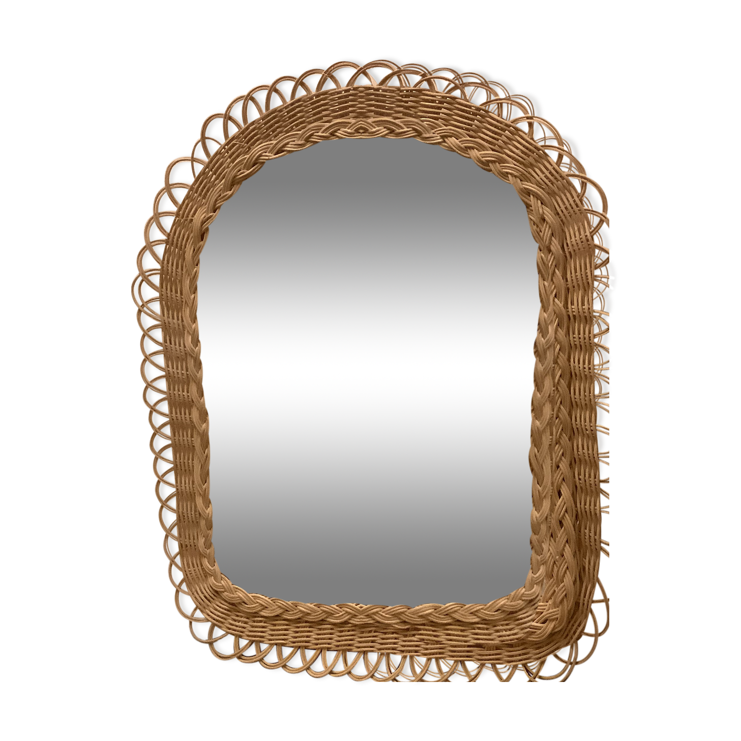 Old rattan wicker braided mirror, 48x40 cm