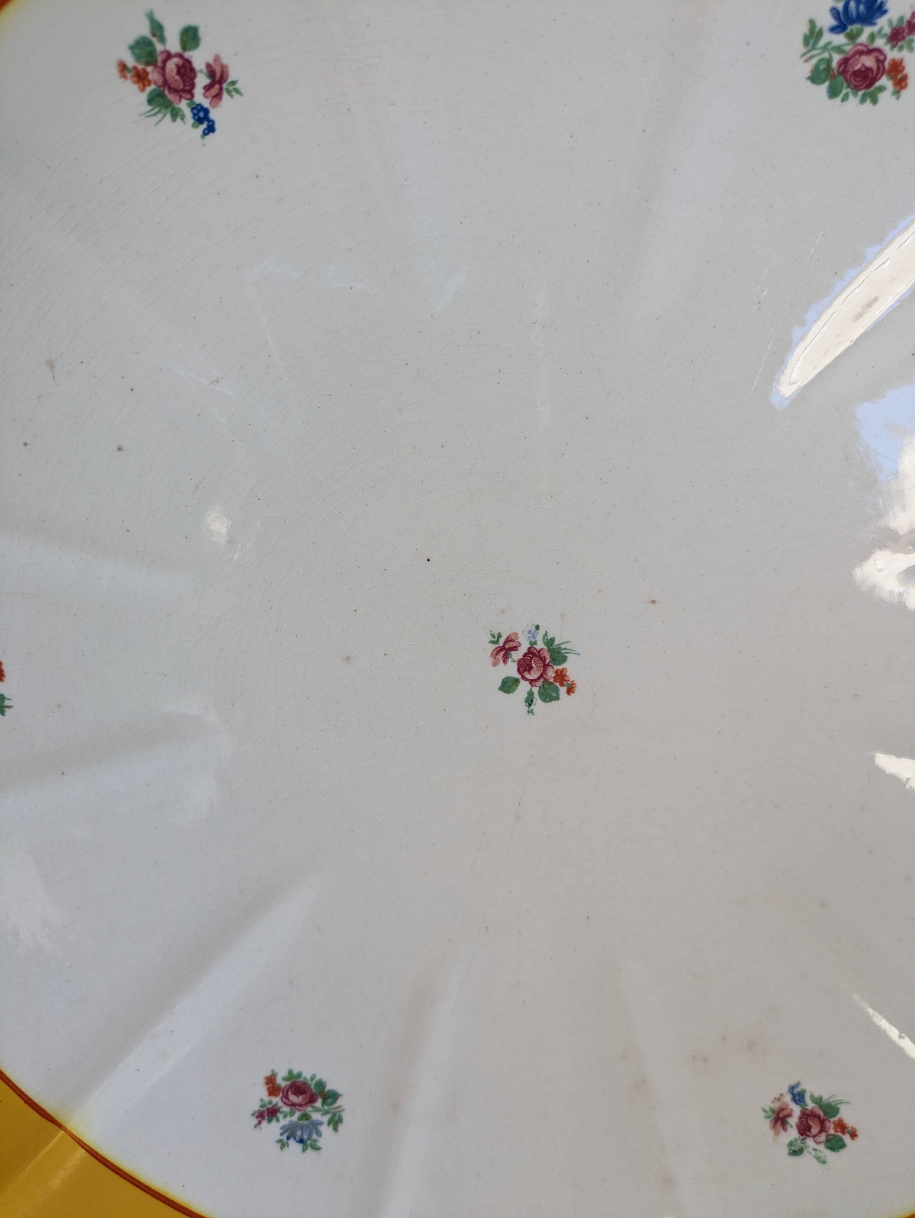 Plate with handles, ceramic serving dish with yellow border and floral decoration Sarreguemines