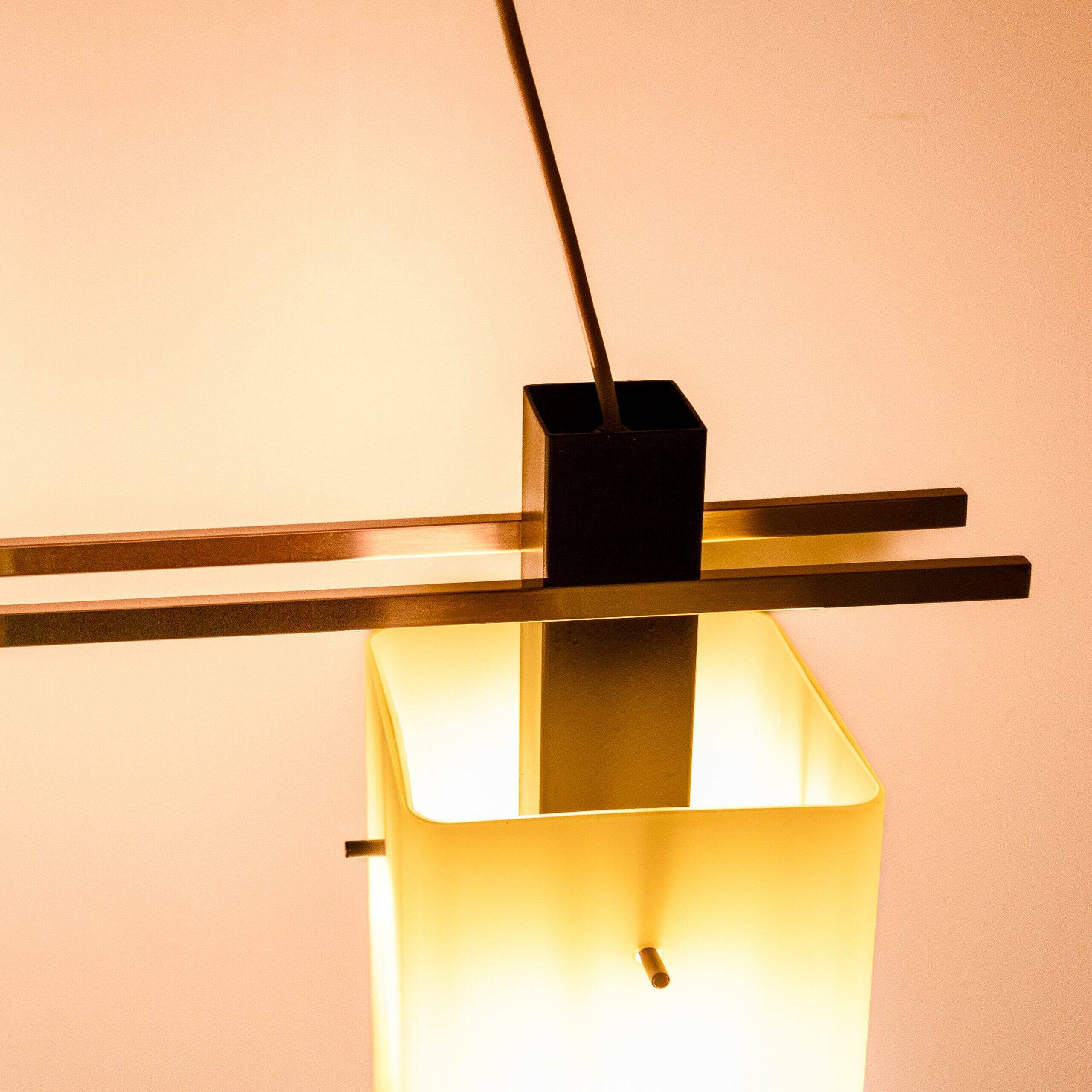 1960s Italian Stilnovo ceiling pendant with opaline glass shades and brass details