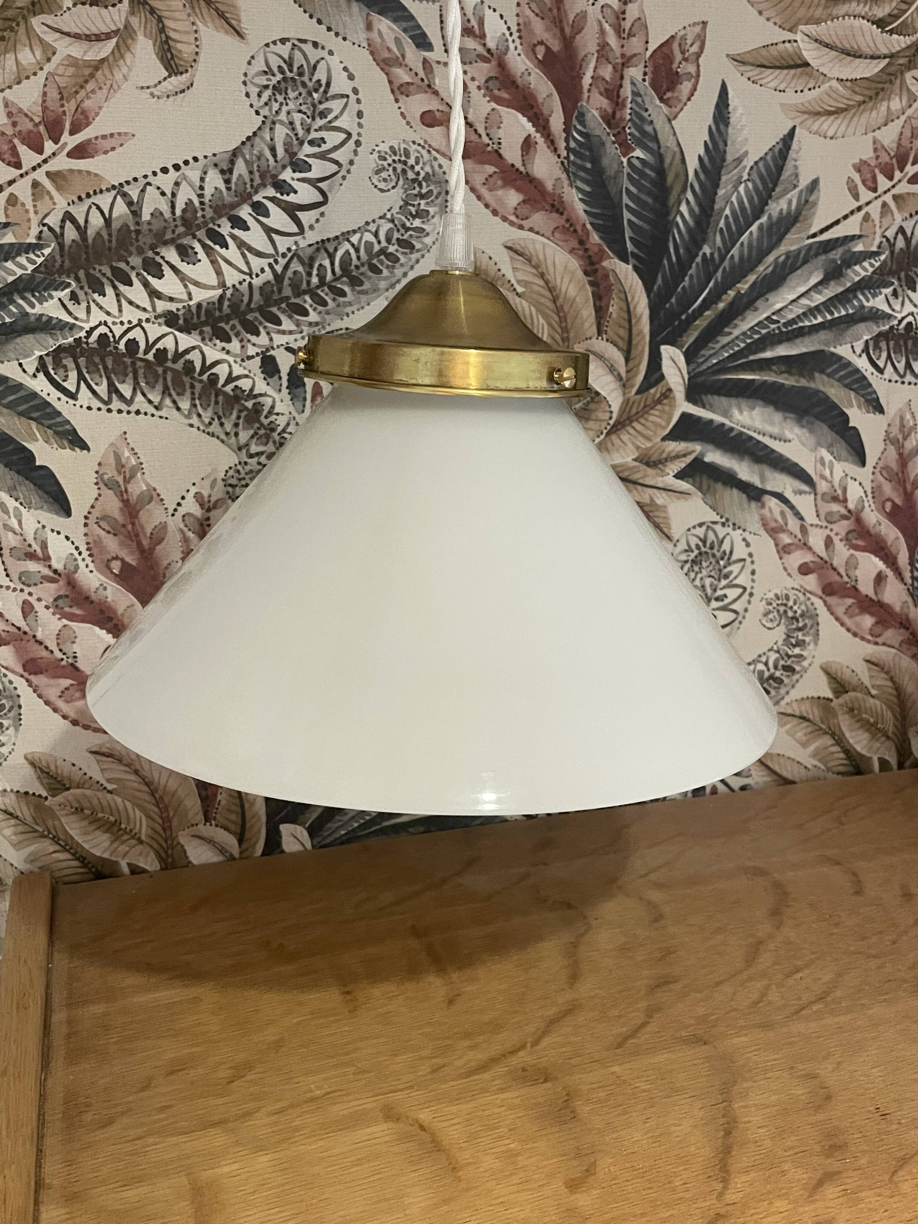 Vintage globe pendant light in smooth white opaline and gold metal