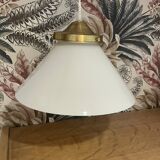 Vintage globe pendant light in smooth white opaline and gold metal