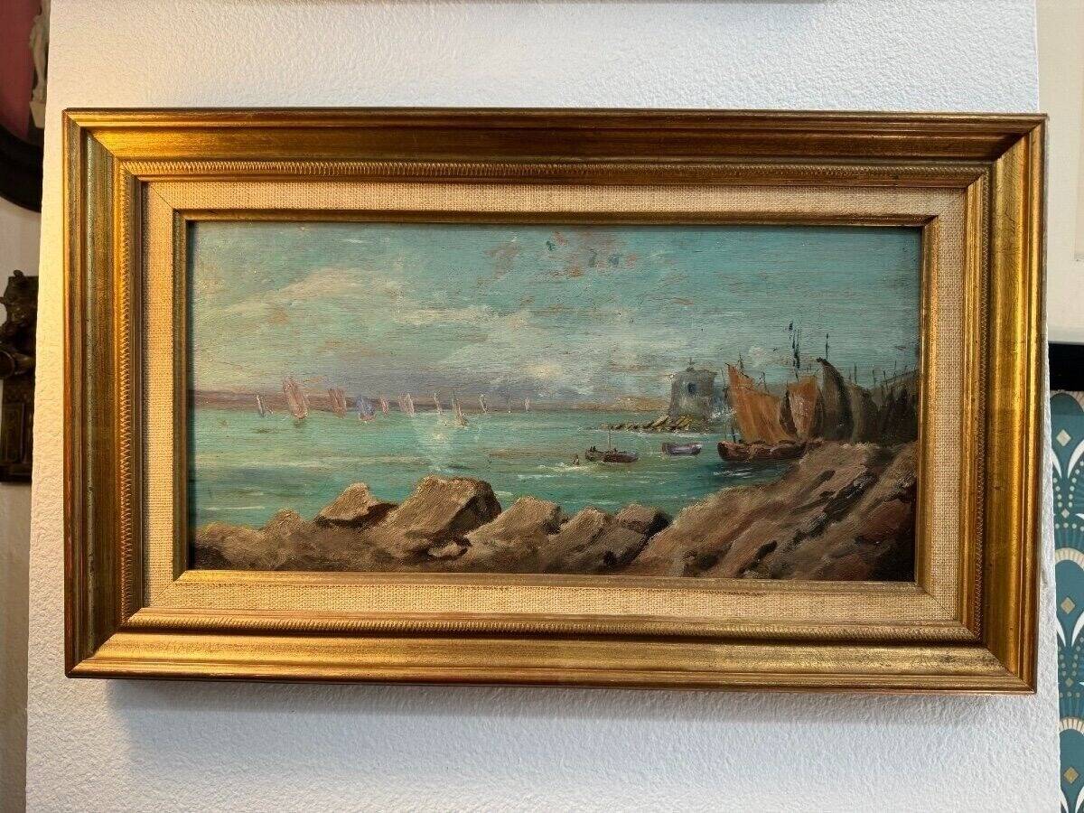 Peinture à l'huile vintage de paysage marin impressionniste français