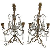 Pair of lamps, 3-light candlesticks, shabby chic, glass tassels, pendants, pleated fabric lampshade