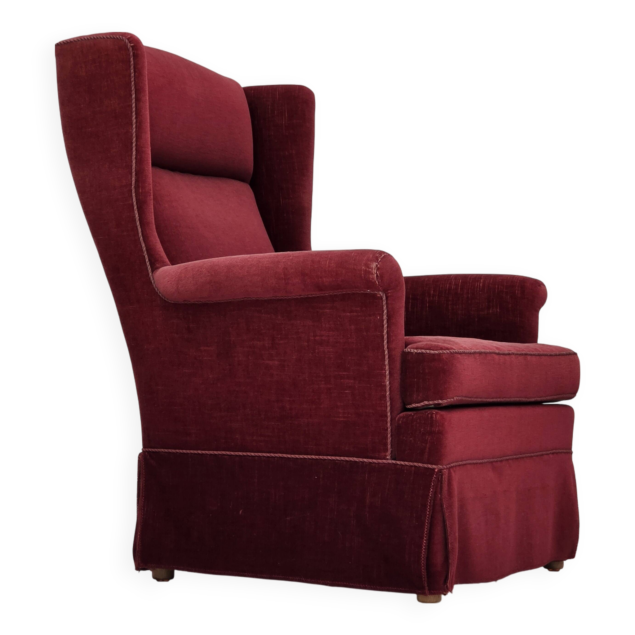 1970s, Danish highback chair, cherry-red furniture velour, ash wood legs.