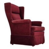1970s, Danish highback chair, cherry-red furniture velour, ash wood legs.