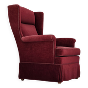 1970s, Danish highback chair, cherry-red furniture velour, ash wood legs.