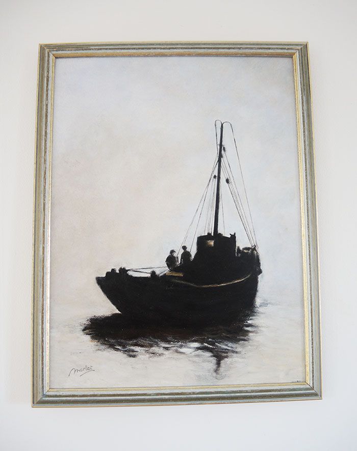 Oil on Wood Framed and Signed Henri Merlet : Fishing Boat between Dog & Wolf