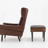 1970 Svend Skipper High Back Armchair and Stool in Brown Leather, Denmark