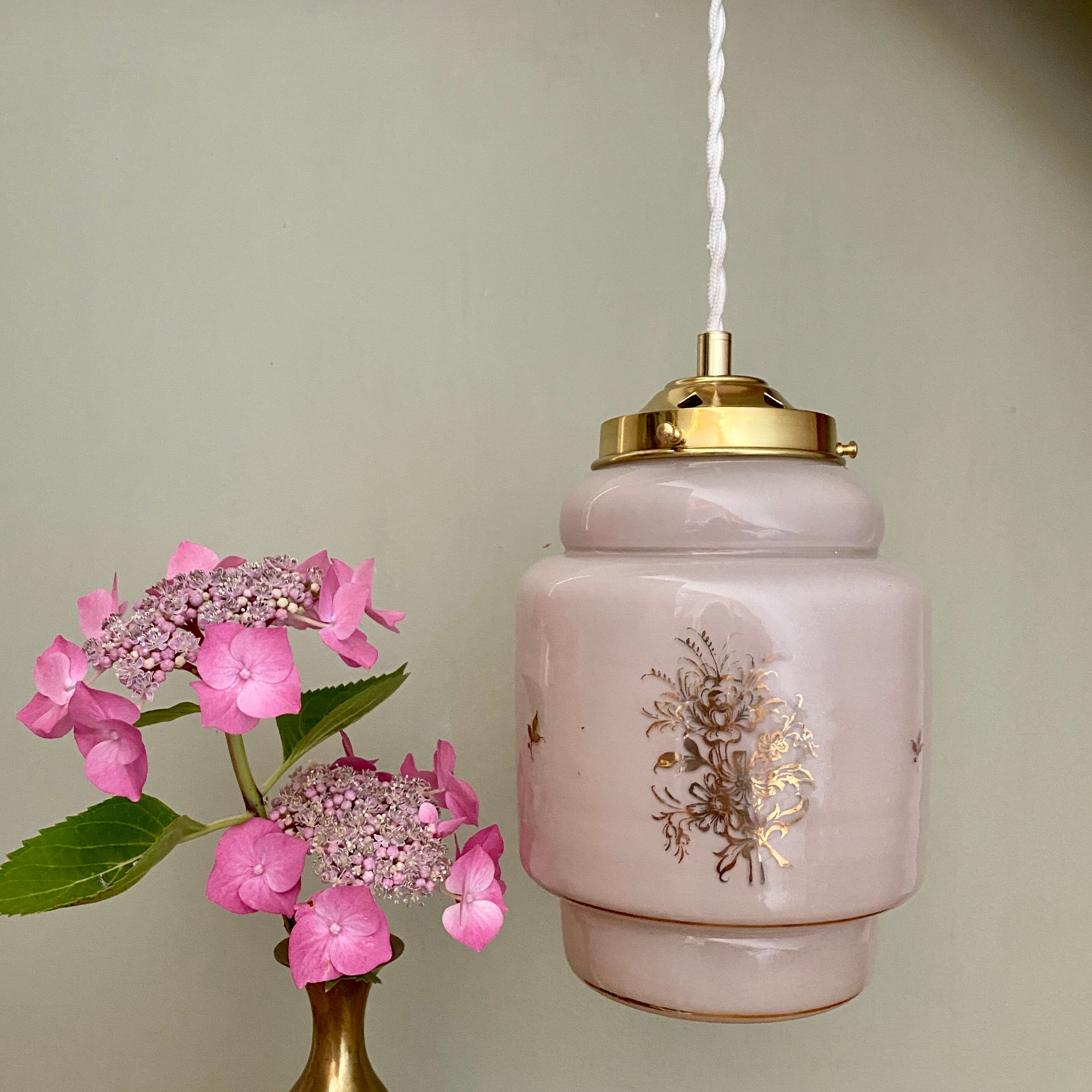 Vintage pink opaline globe pendant lamp with gold designs
