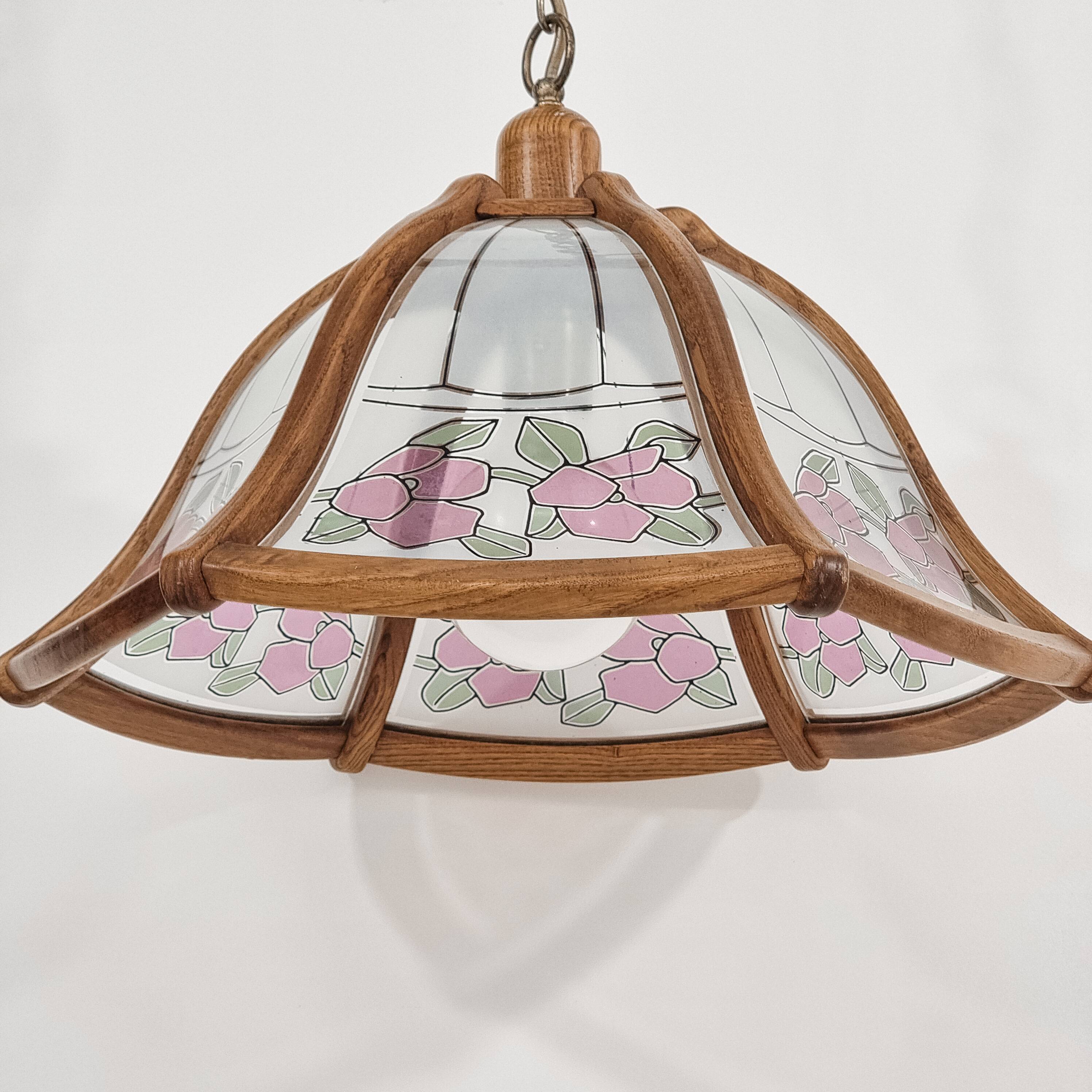 Art Nouveau style chandelier in wood and glass from the 1970s