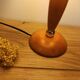Mid-century wooden table lamp, retro-pop saffron print