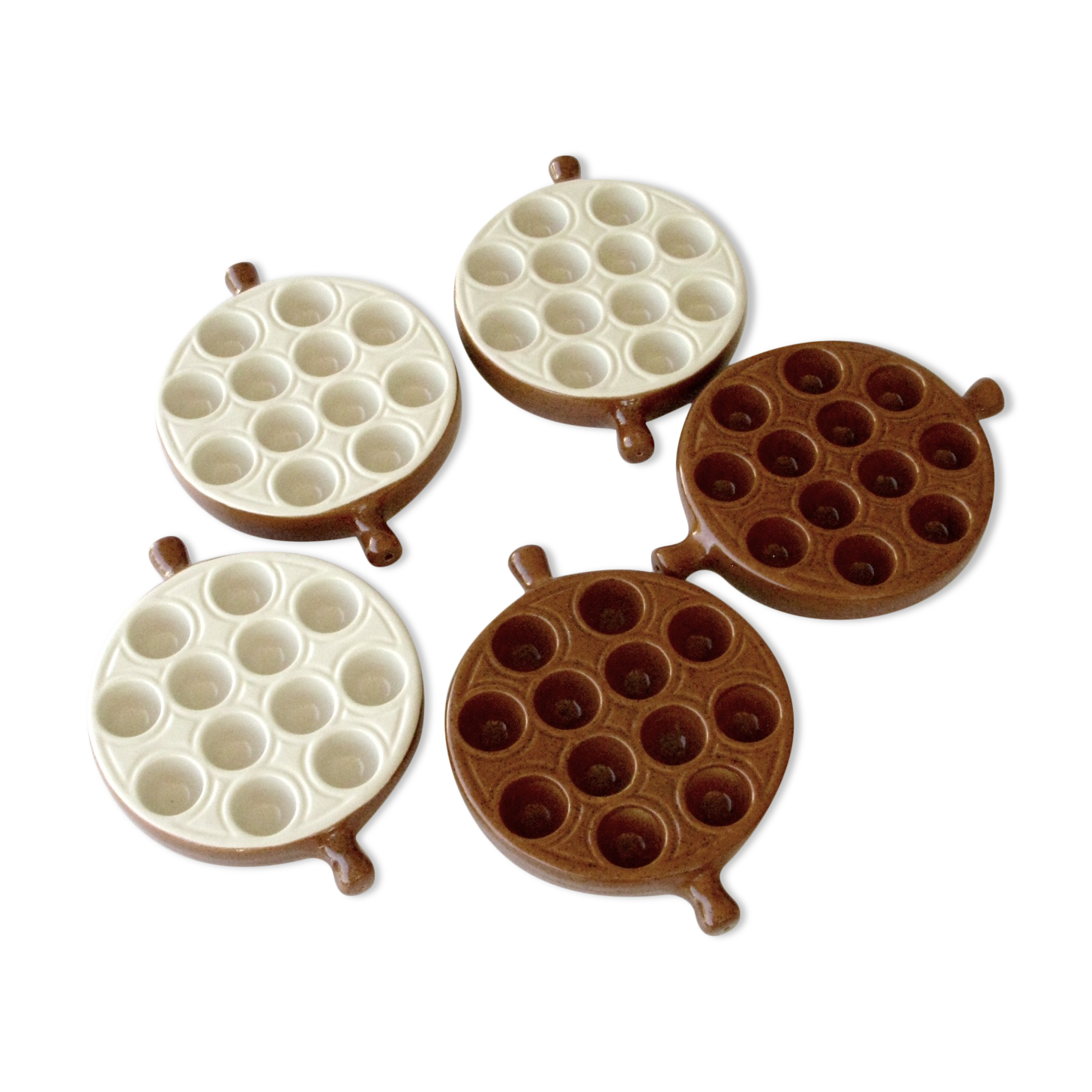 Emile henry snail service - 5 poêlons 12 holes - brown and beige caquelons