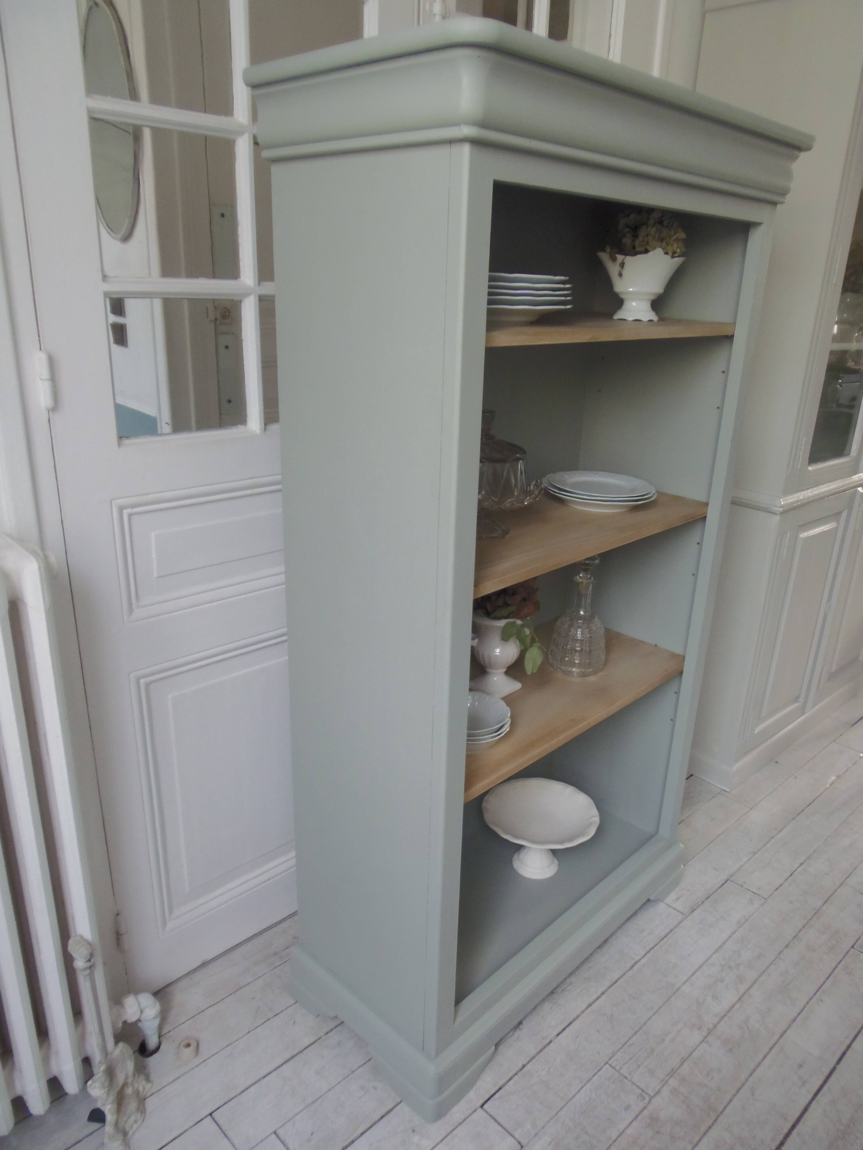 Louis Philippe style bookcase reenchanted in verdigris, 3 light oak waxed shelves.