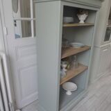 Louis Philippe style bookcase reenchanted in verdigris, 3 light oak waxed shelves.