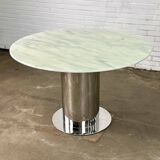 Italian dining table with white marble top and chrome cylindrical base