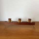 Modernist chandelier in teak and vintage brass.