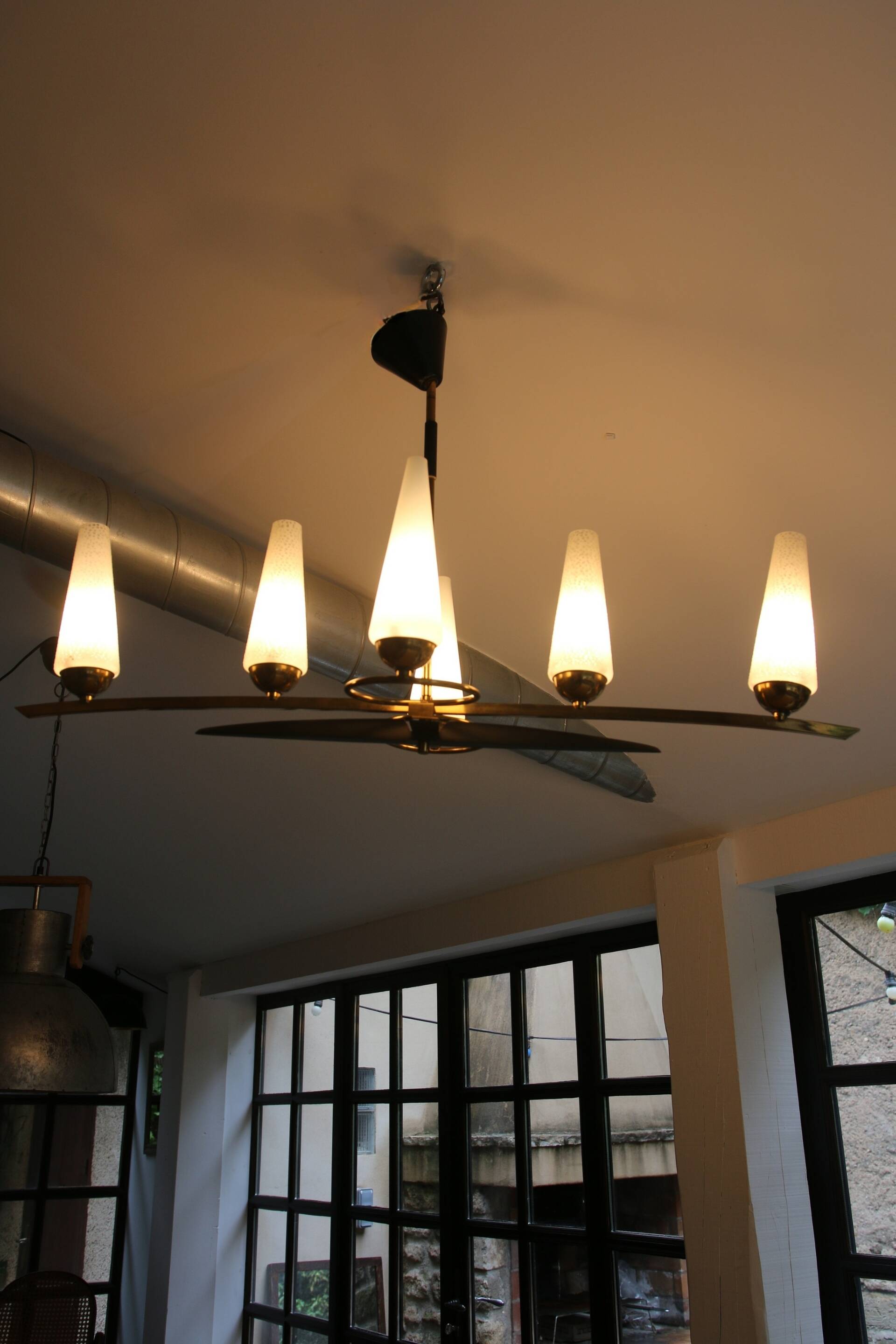 Mid-Century 6-Light Chandelier - Opaline and Brass