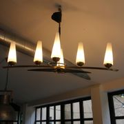 Lustre 6 feux Mid-Century - Opaline et laiton - Style Lunel - Arlus