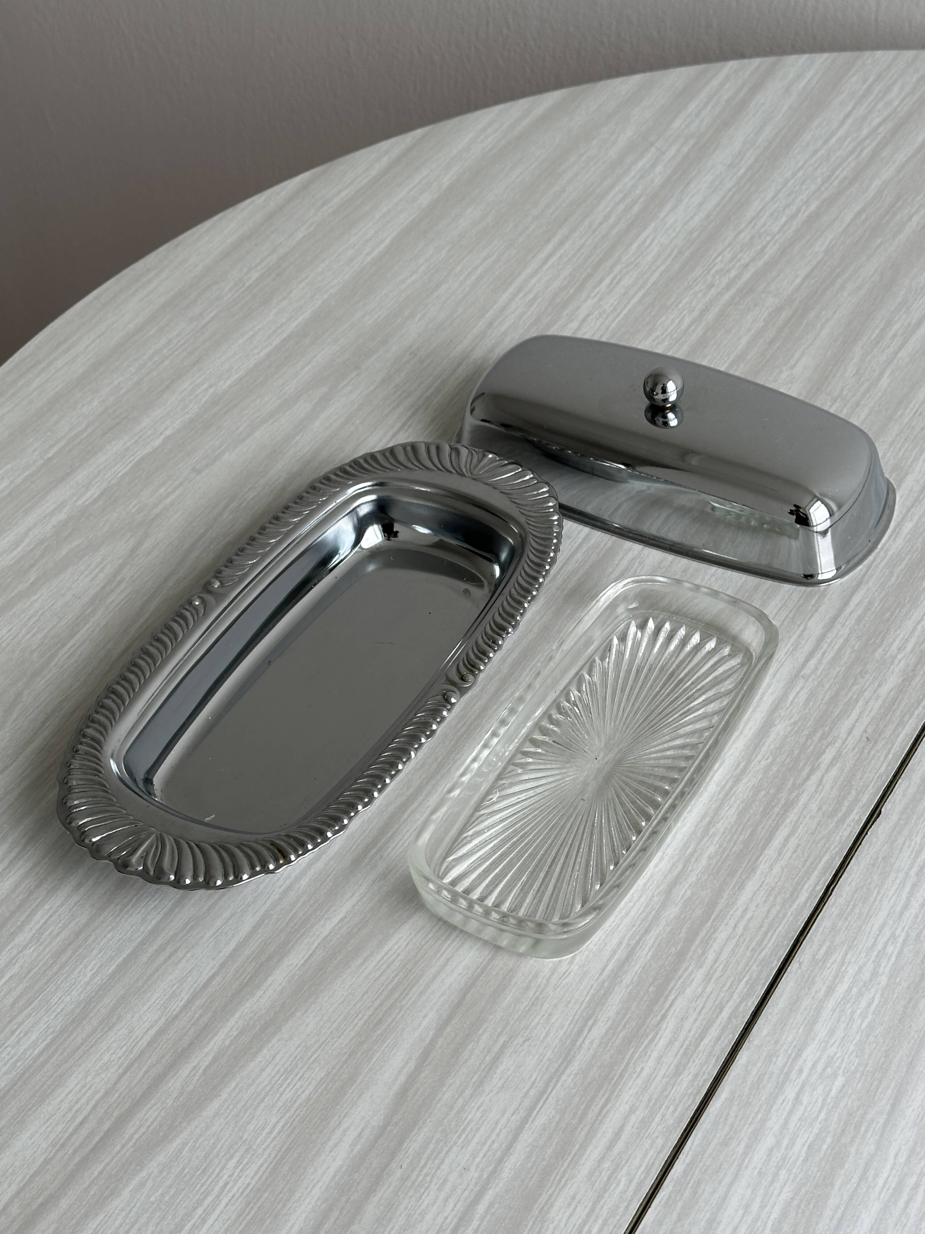 Metal butter dish with glass tray